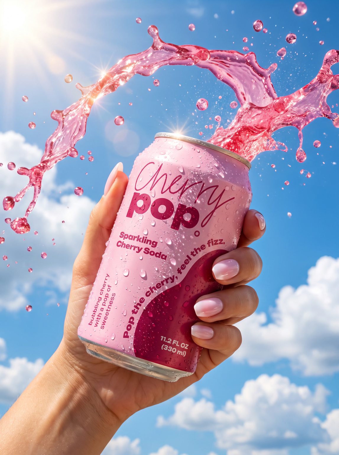 Cherry Pop sparkling cherry soda can held up to a blue sky with a pink splash behind it