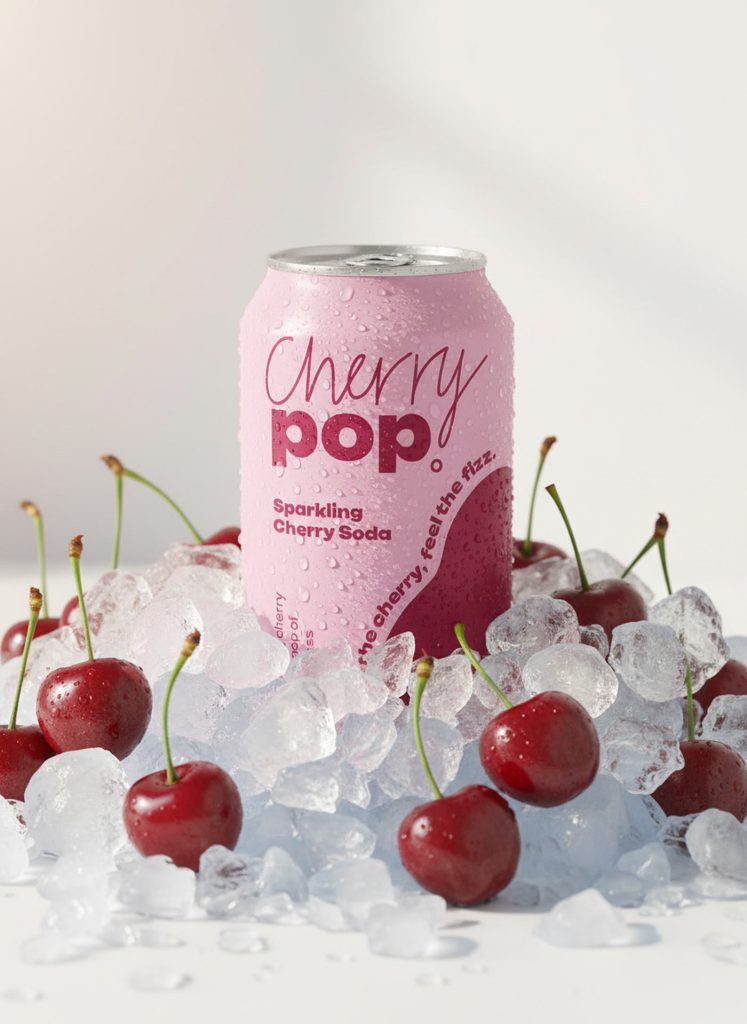 Cherry Pop sparkling cherry soda can on crushed ice with fresh cherries