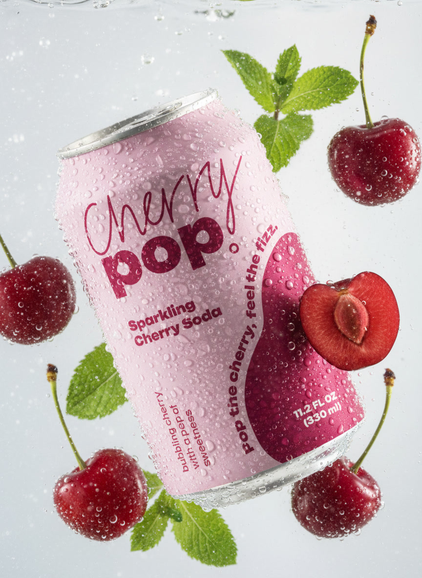 Cherry Pop sparkling cherry soda can in sparkling water with mint leaves and cherries