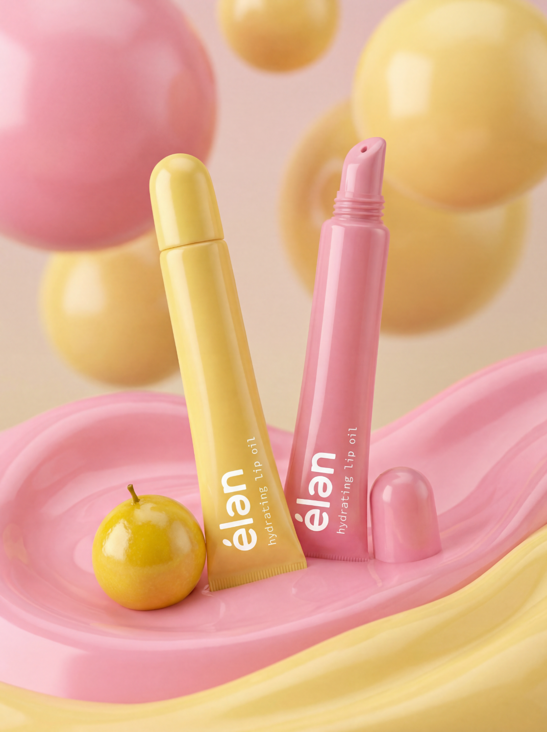 élan lip oil tubes in a playful 3d scene with floating bubbles and melted cream