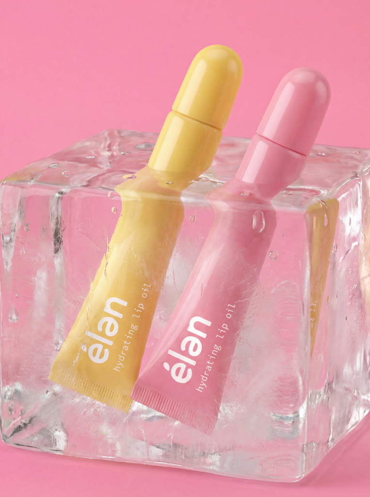 élan yellow and pink lip oil tubes frozen in an ice cube