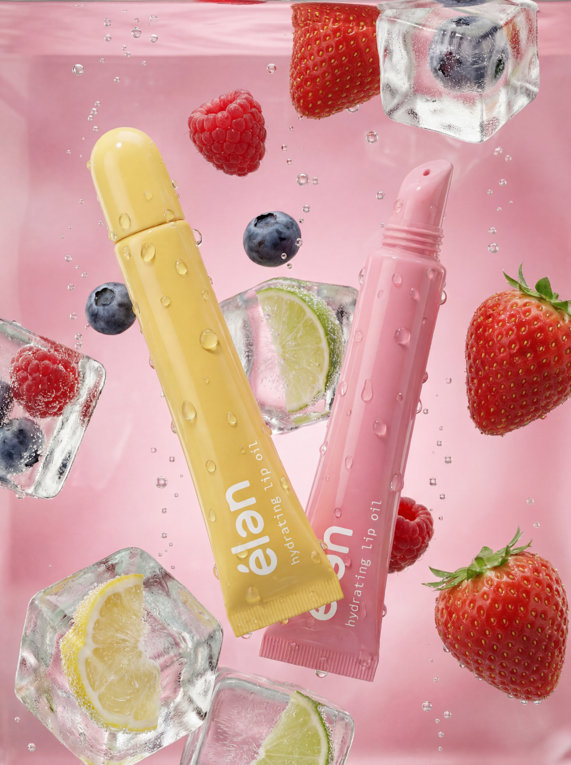 élan lip oils with ice cubes, strawberries, lemon and grapefruit, playful collage