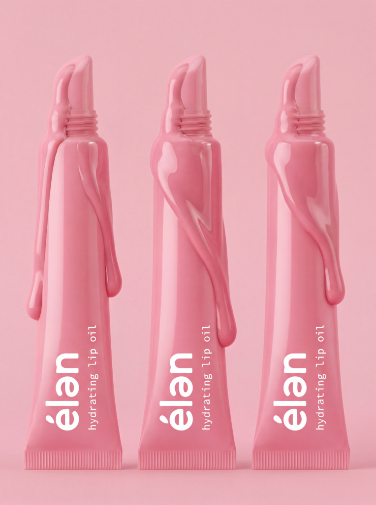 three élan pink lip oil tubes with dripping gloss on pink background
