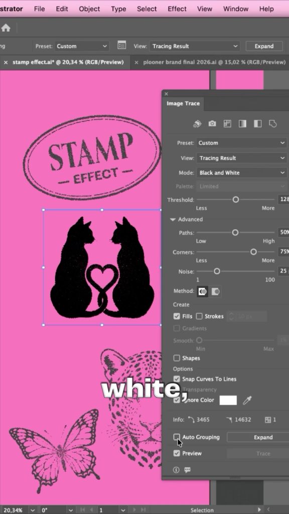 Image Trace panel in Adobe Illustrator in black and white mode