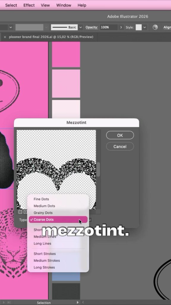 Mezzotint dialog in Adobe Illustrator with the type list open on Coarse Dots