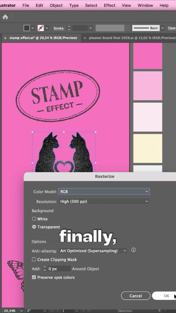 Rasterize dialog in Adobe Illustrator set to RGB, 300 ppi and transparent background