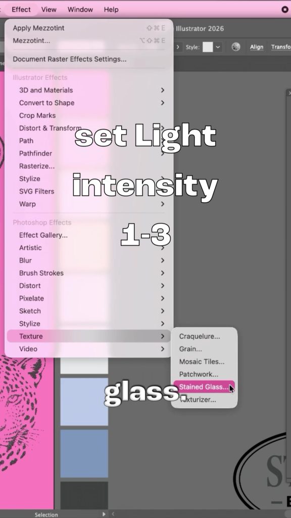 Adobe Illustrator Effect menu open with Texture and Stained Glass highlighted