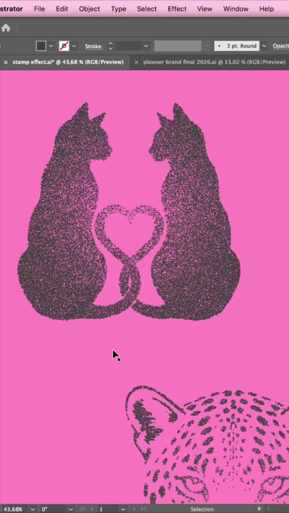 Close up of the finished stamp texture with grainy cat silhouettes and leopard on pink
