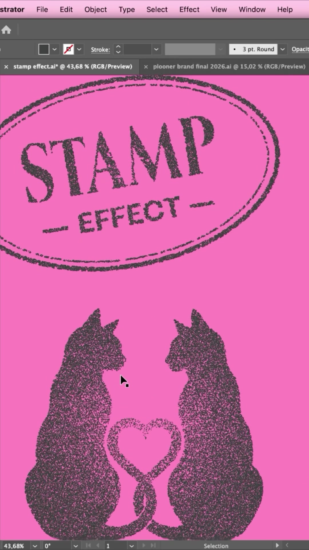 Finished stamp effect artwork with grainy stamp logo and cat silhouettes on pink
