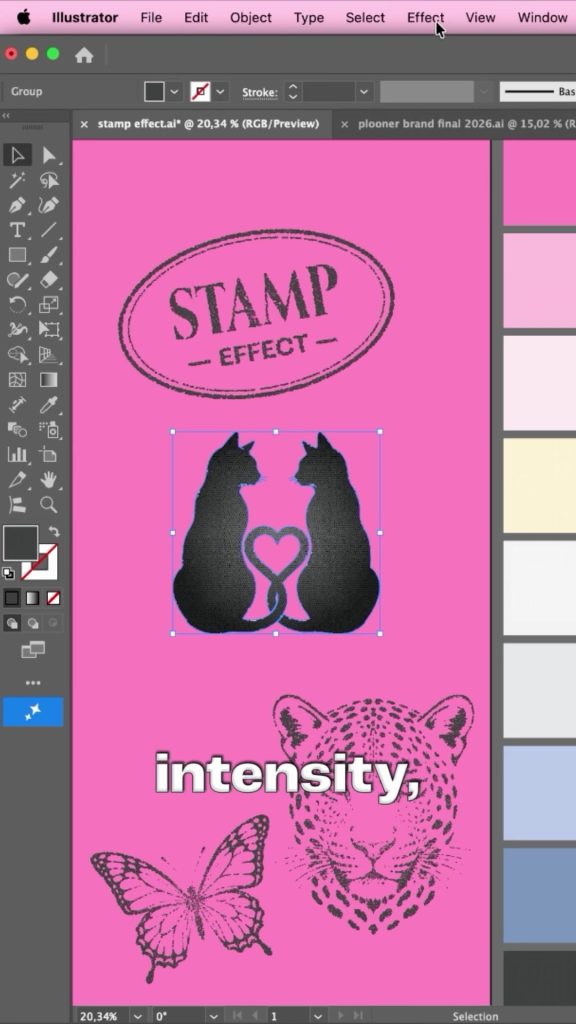 Solid black vector cat illustration selected on a pink artboard in Adobe Illustrator before the stamp effect