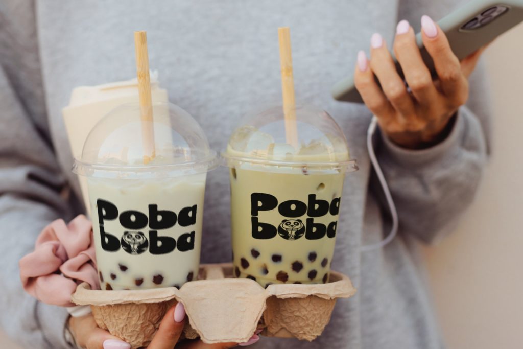 Poba Boba two bubble tea cups held in a moulded pulp carrier
