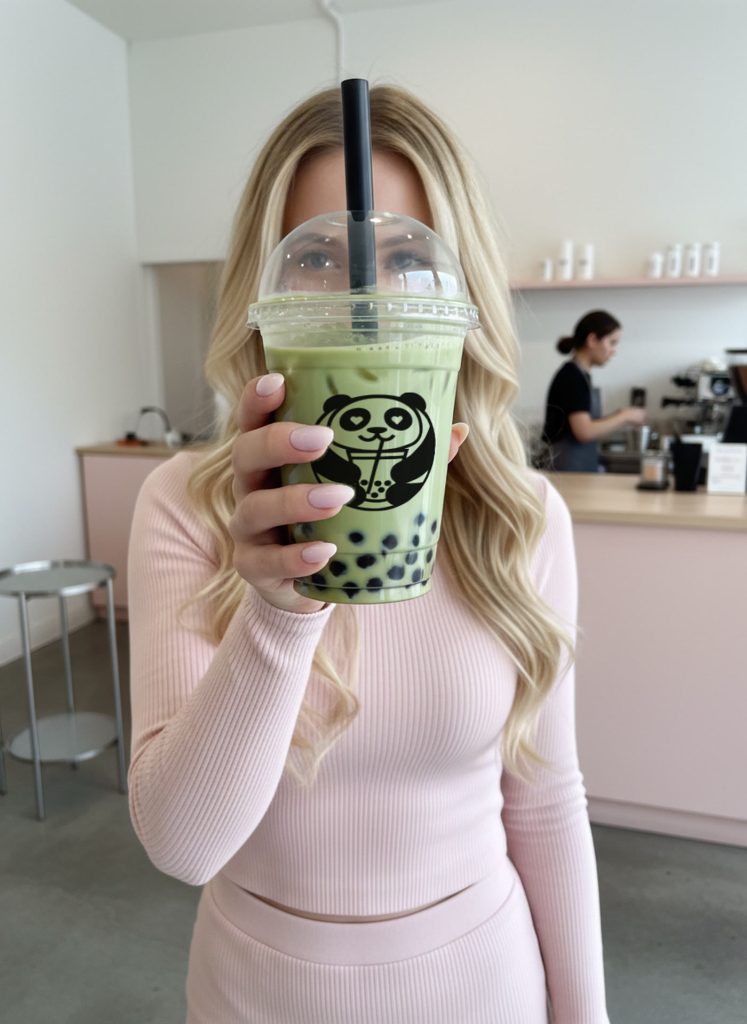 Poba Boba matcha bubble tea held up inside the shop