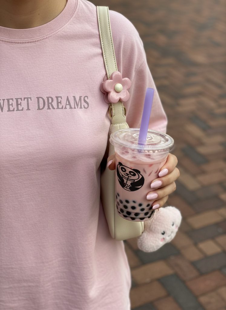 Poba Boba bubble tea carried with a pink tee and a cream shoulder bag