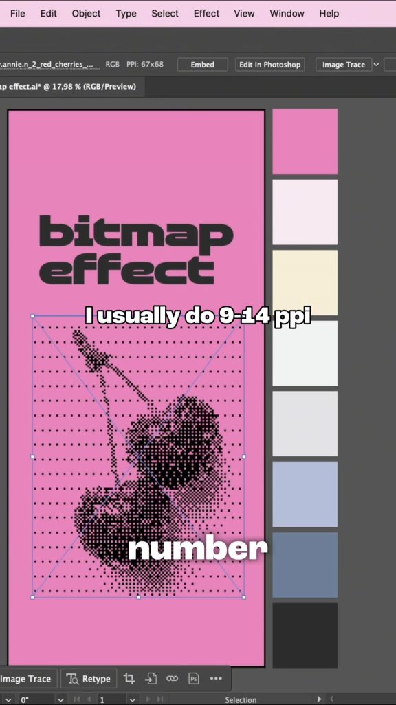 The cherry photo turned into a coarse black bitmap dither on a pink artboard