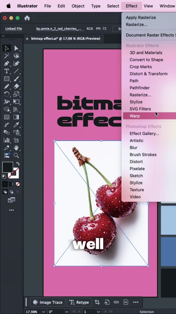 The Effect menu open in Adobe Illustrator with Rasterize highlighted above the placed cherry photo