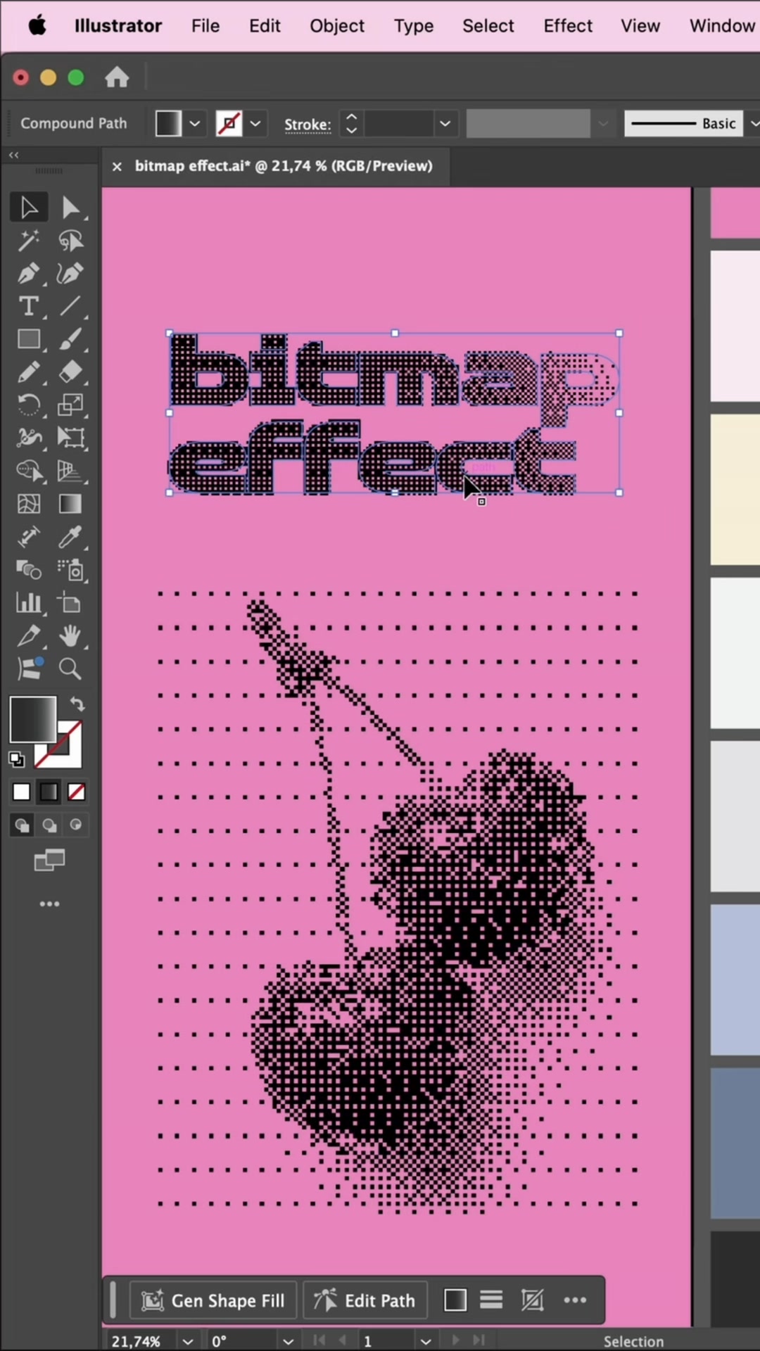 Bitmap dithered cherries and bold bitmap effect text on a pink artboard in Adobe Illustrator