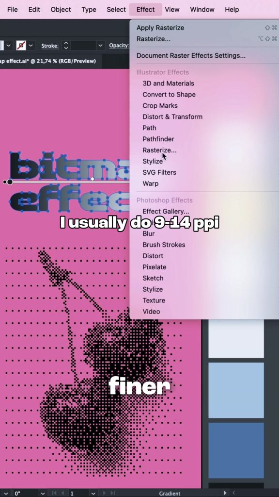 Bold bitmap effect text with a blue gradient fill selected above the dithered cherries with the Effect menu open