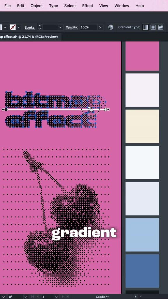 Bold text turned into a bitmap dither that fades from solid to dots following its gradient