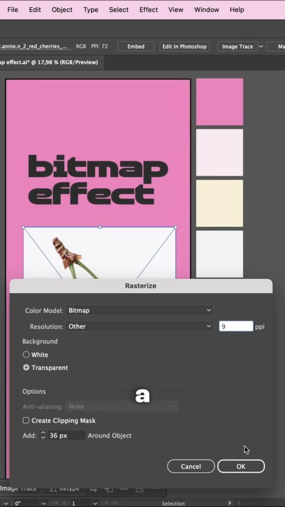 Rasterize dialog with Color Model Bitmap, Resolution Other 9 ppi and Transparent background in Adobe Illustrator