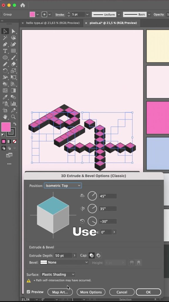 3D Extrude and Bevel Options dialog set to Isometric Top with 50 pt extrude depth in Adobe Illustrator
