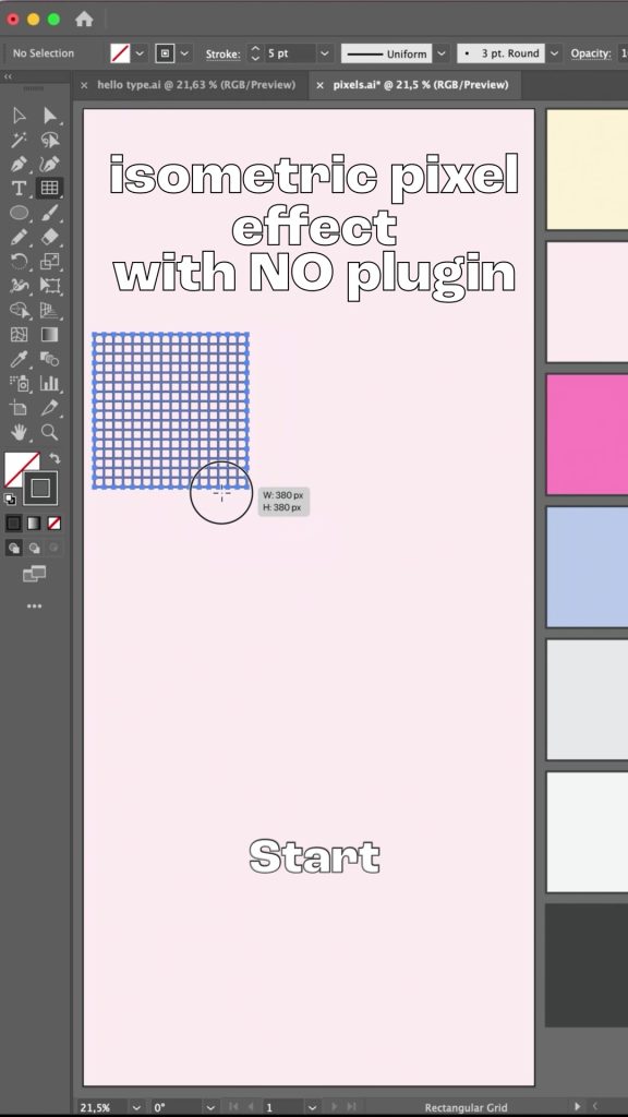 Dragging out a square grid with the Rectangular Grid tool on a pale pink artboard in Adobe Illustrator