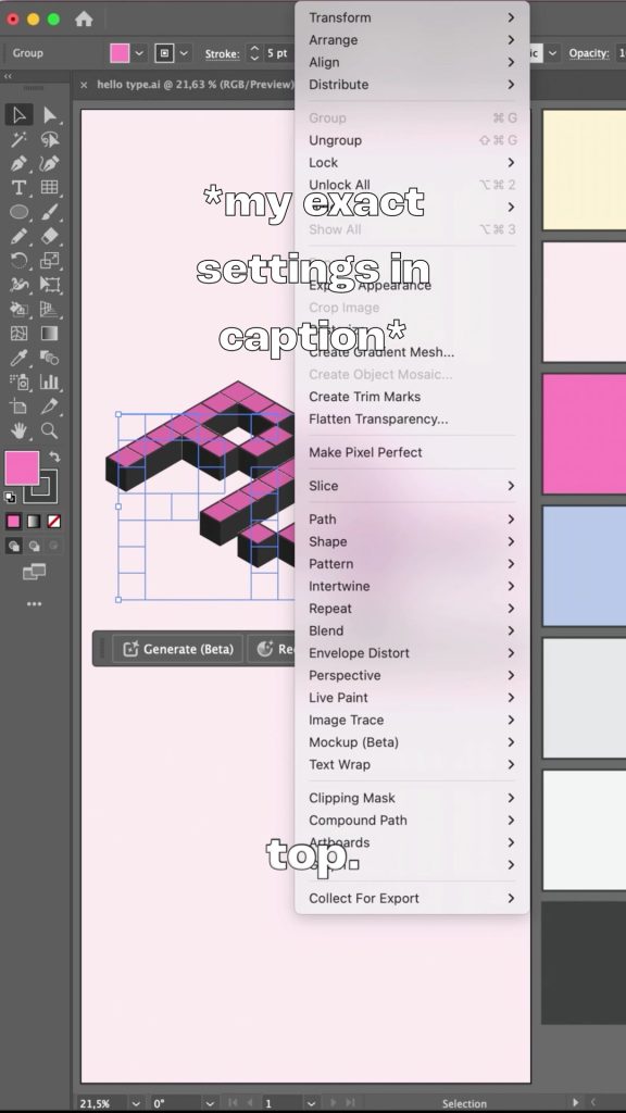 The Object menu open with Expand Appearance above the extruded isometric pixel letters