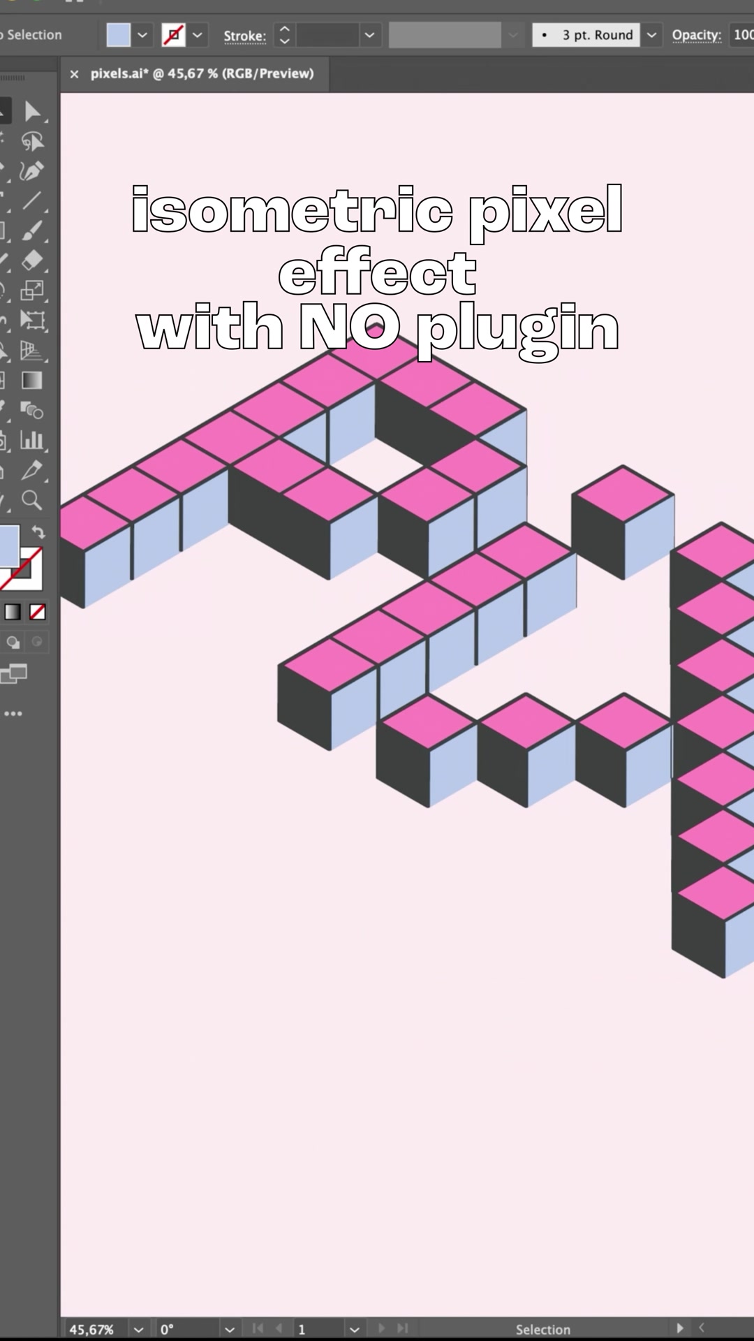 Isometric 3D pixel letters spelling PiX in pink, dark grey and lavender on a pale pink artboard