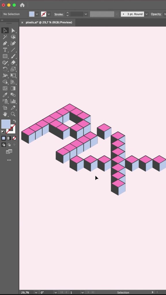 Finished isometric pixel type in pink, dark grey and lavender on a pale pink background