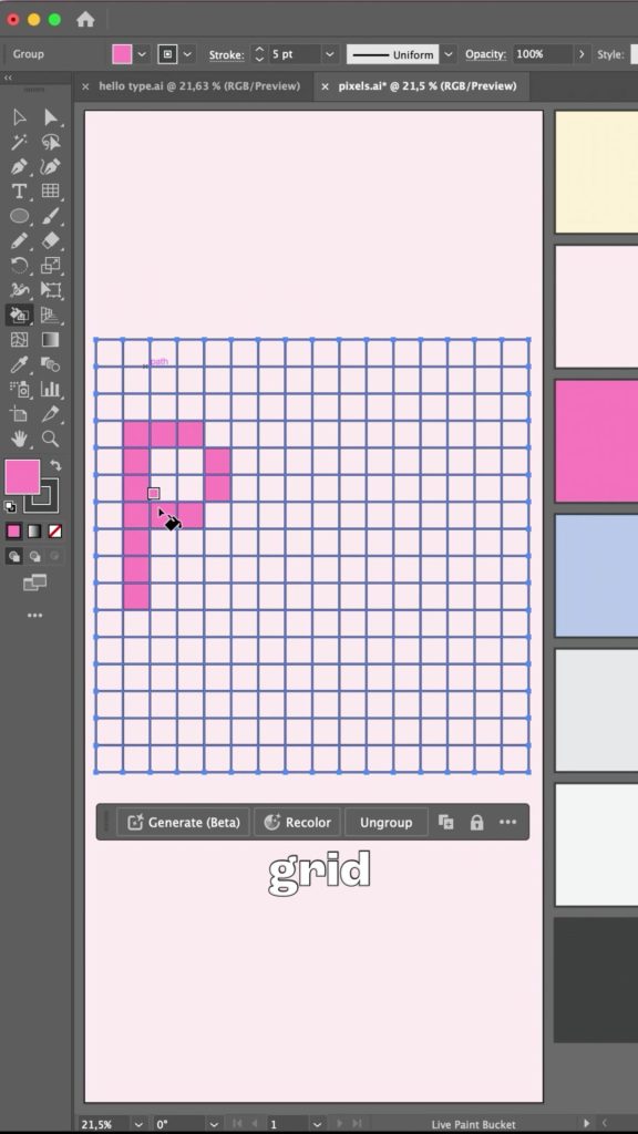 Pink grid cells painted with the Live Paint Bucket to spell PiX in Adobe Illustrator