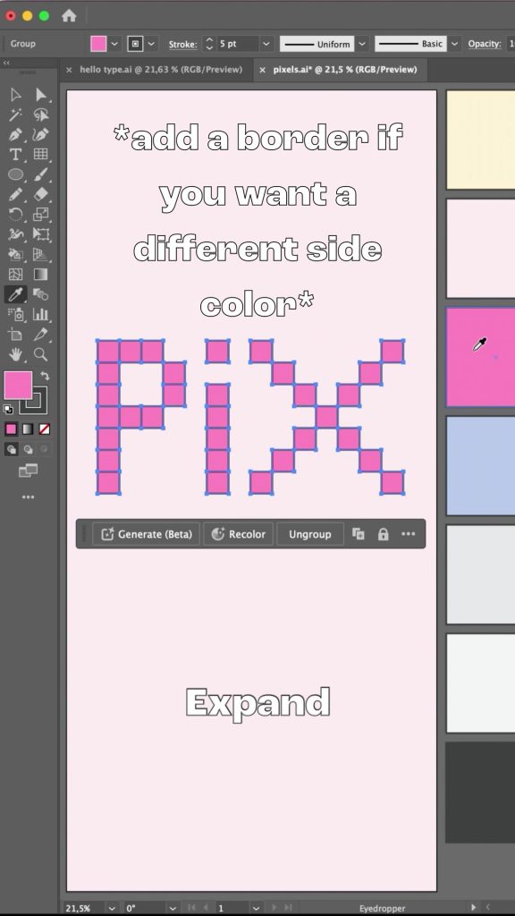 Pink pixel squares with a dark stroke added before applying the 3D effect