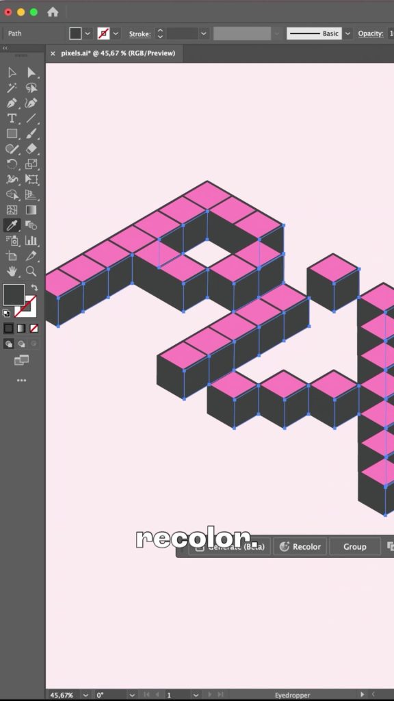 Close up of the isometric pixel cubes with pink tops, dark sides and lavender highlights being recolored