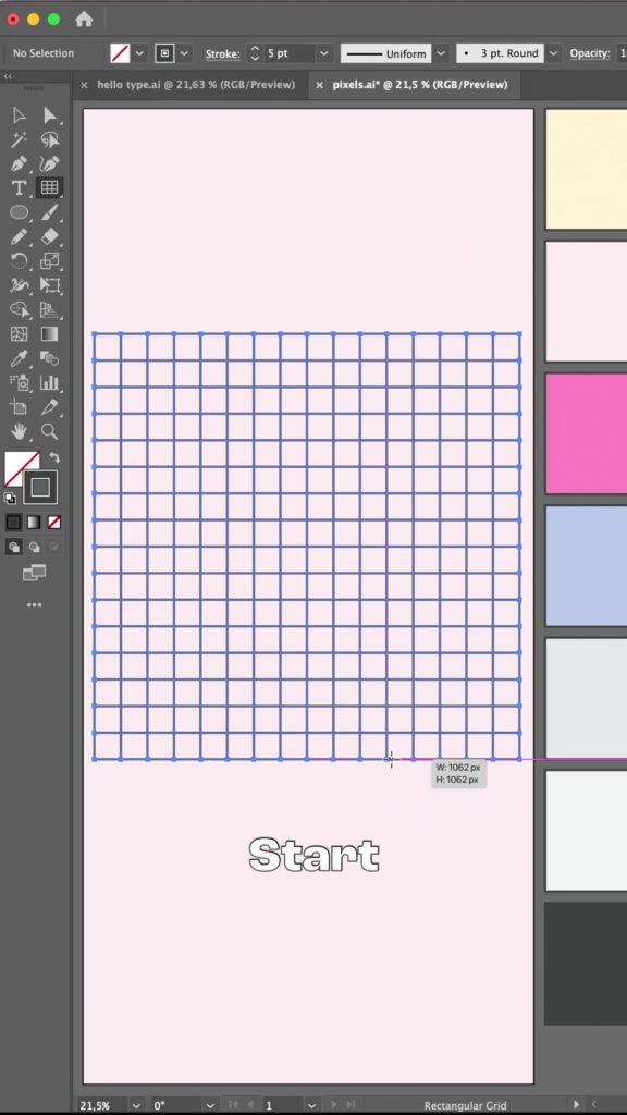 An empty square grid drawn with the Rectangular Grid tool on a pale pink artboard in Adobe Illustrator