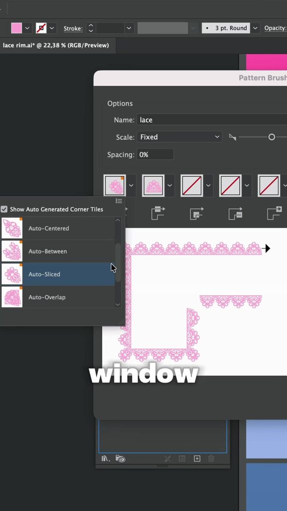 Pattern Brush Options with the corner tile menu open and Auto-Sliced highlighted