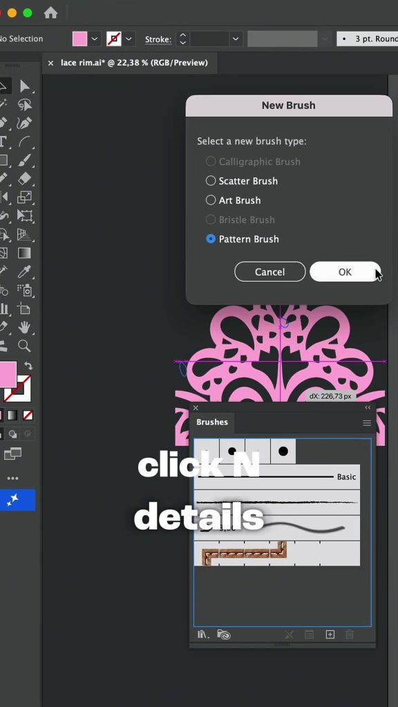 The mirrored lace tile being dragged into the Brushes panel with the New Brush dialog set to Pattern Brush