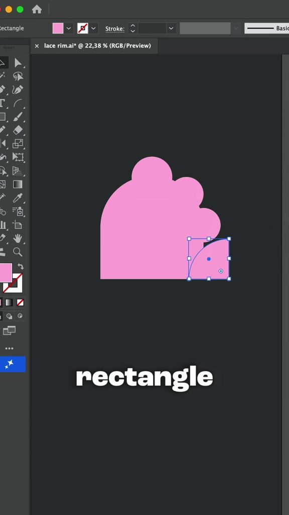 A small rectangle selected over the pink scalloped shape ready for Minus Front in Pathfinder