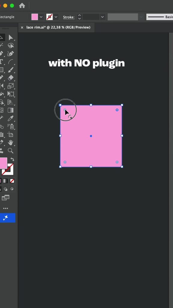A pink square selected on a dark artboard in Adobe Illustrator with the cursor on a corner widget